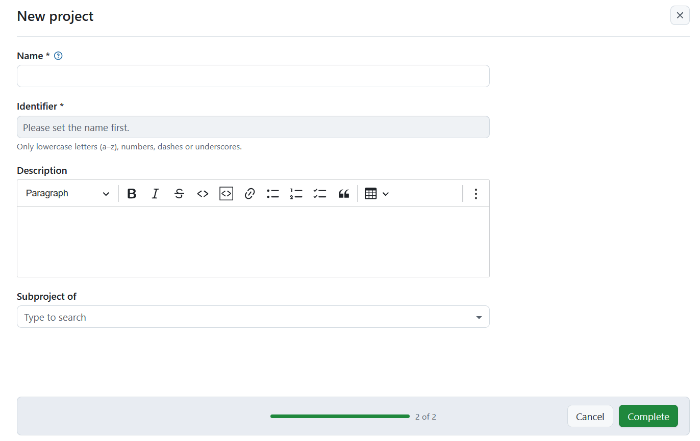 Name and create a new project in OpenProject