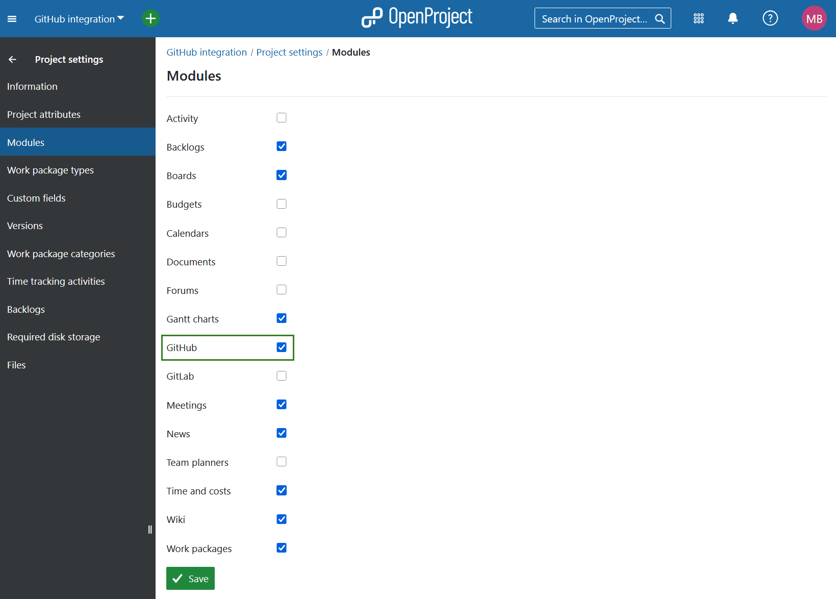 GitHub module is activated under Project settings -> Modules in OpenProject project